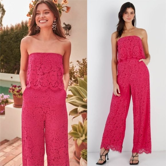 MODA ME COUTURE Pants - Magenta Pink Lace Jumpsuit